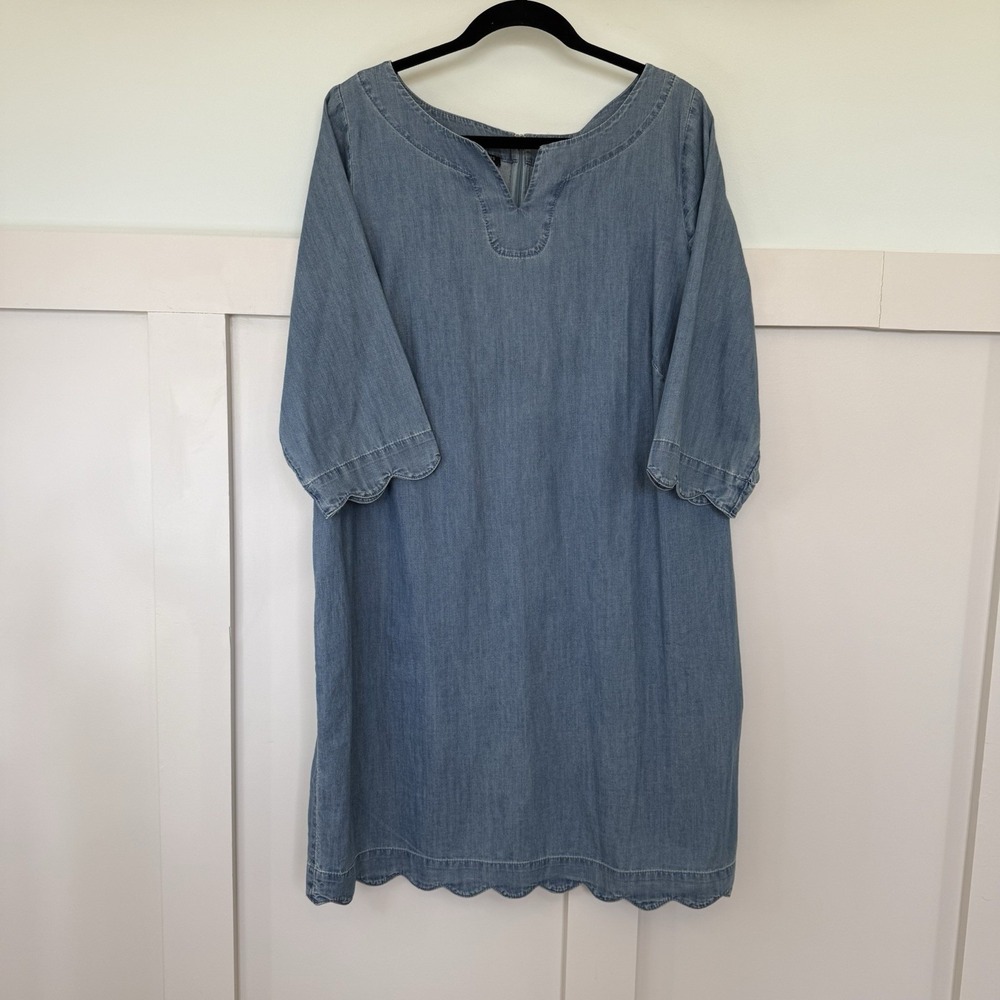 Talbots Chambray Blue Shift Dress Sz 14WP Cotton Scalloped Hem Casual Office